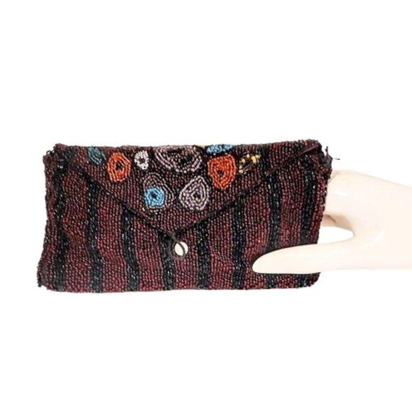 Vintage Handbags - 1950s Vintage Bronze Brown Micro Beaded Small Evening Clutch Bag With Flowers